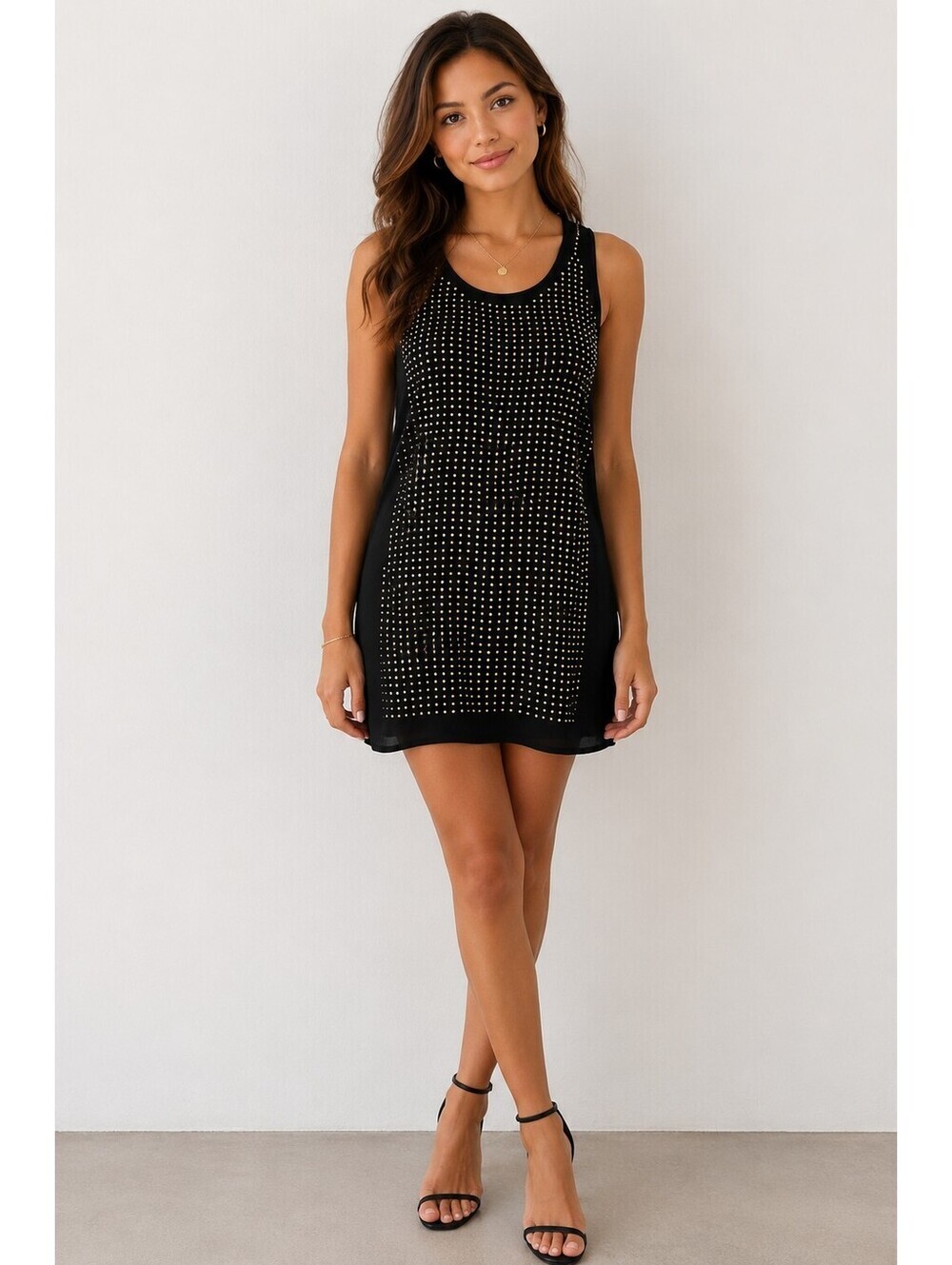 Mango Casual Black Gold Studded Sleeveless Shift Dress XS Party Cocktail Mini